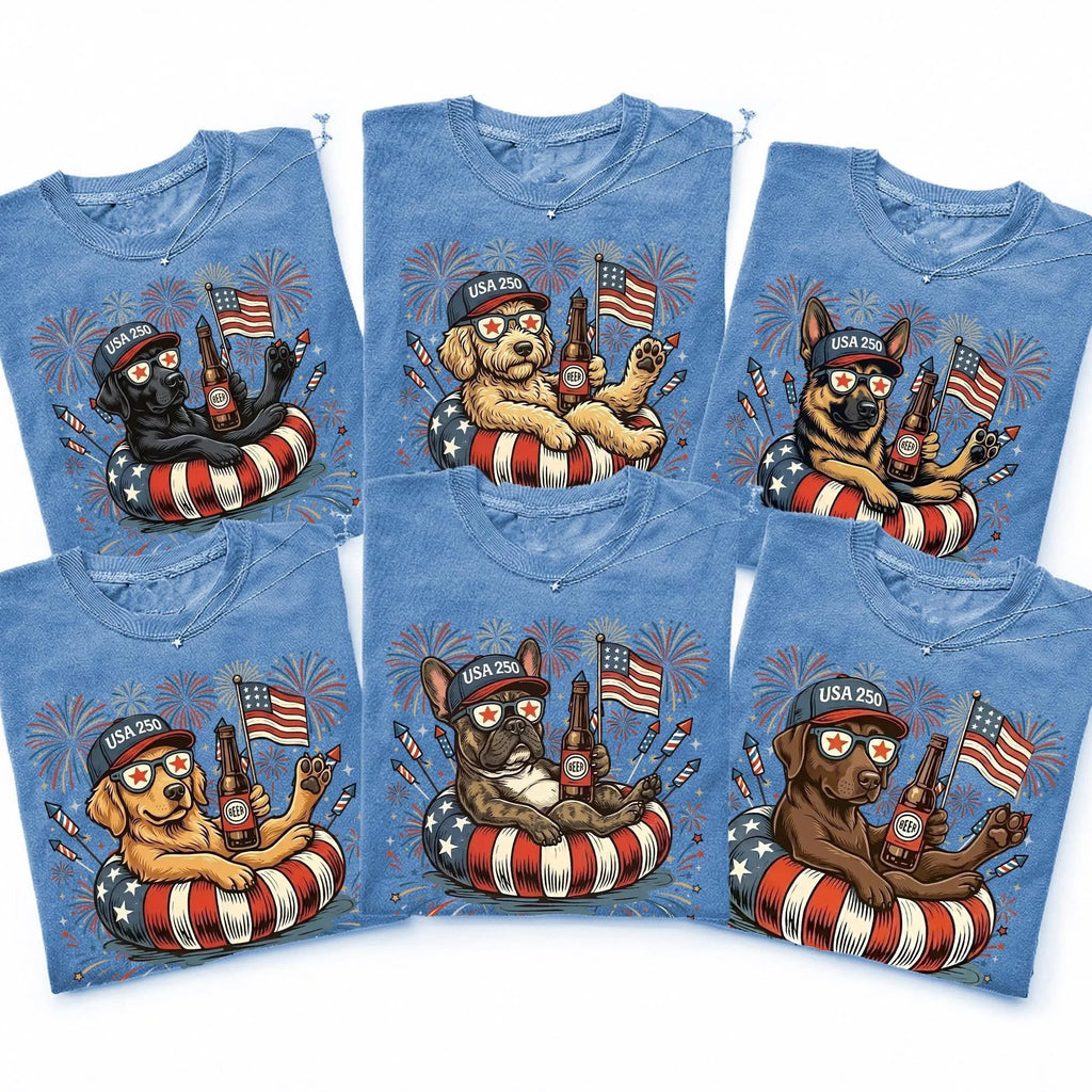 Custom Dog Breed Patriotic Dogs 4th of July Dog T-Shirts, USA Flag, Fireworks, America 250