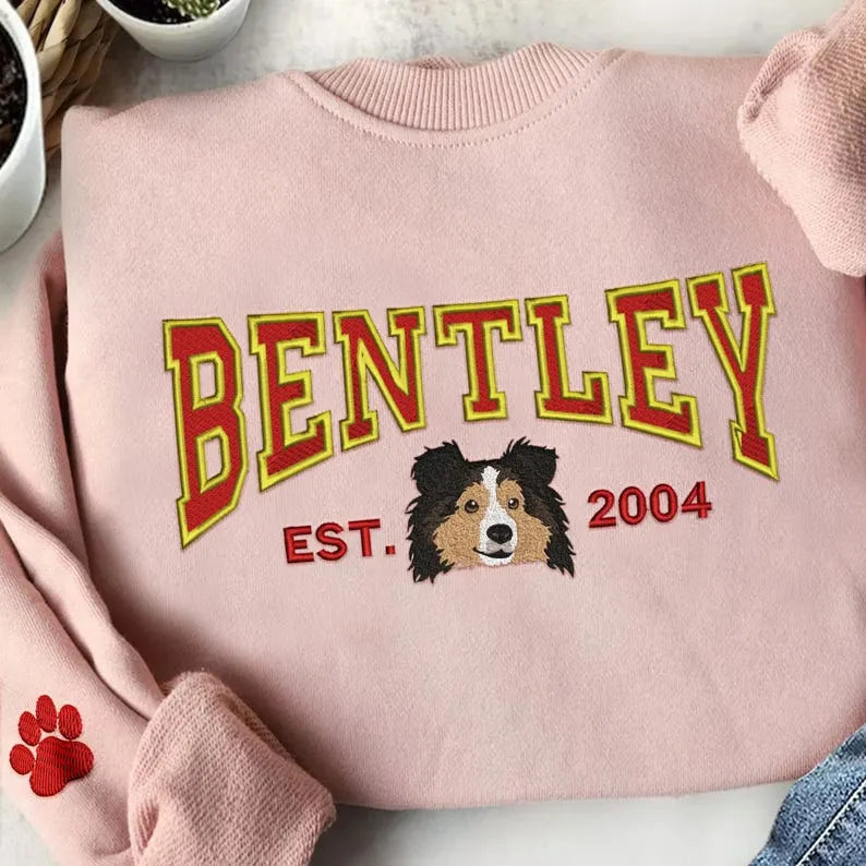 Custom Embroidered Pet Hoodie Using Pet Photo+ Name Varsity Style Sweatshirt Tee- Varsity Colorful Design