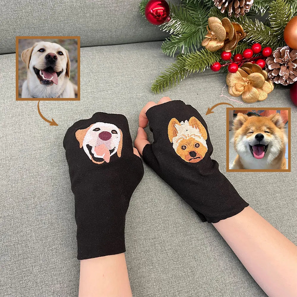 Custom Embroidered Pet Portrait  Fingerless Gloves