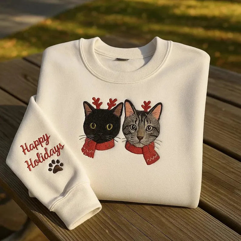 Custom Cat Embroidered Sweatshirt, Hoodie & T-Shirt, Christmas Holiday Sweatshirt- Colorful Design