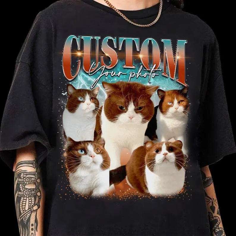 Custom Retro Pet Shirt, Custom Cat Photo 90s Graphic Bootleg Rap Tee