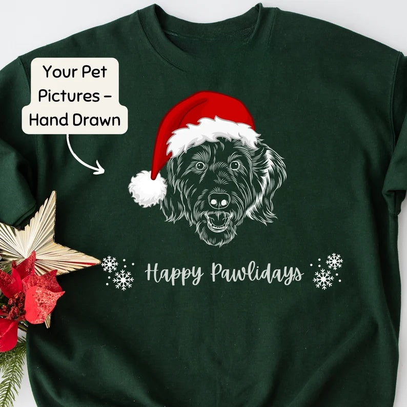 Custom Pet Face Hand-Drawn Sweatshirt with Santa Hat Design, Personalized Pet Christmas Sweatshirt