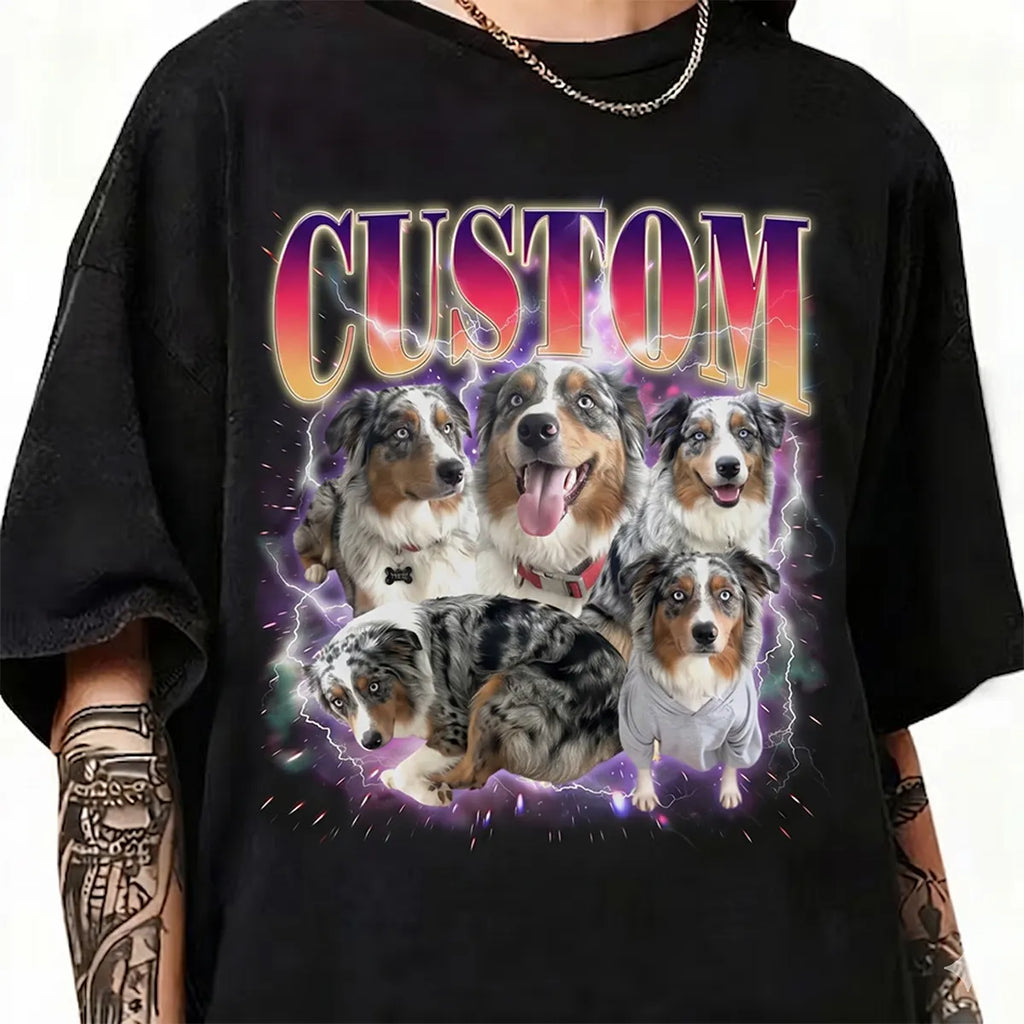Custom Pet Face Bootleg Tee, Retro Personalized Pet Photo + Name Shirt