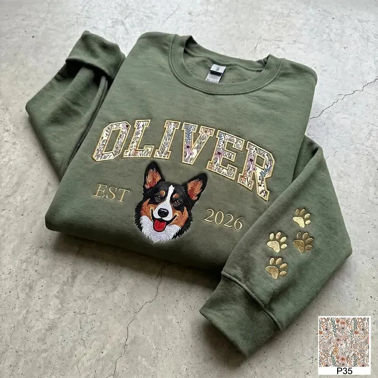 Custom Pet Portrait Floral Applique Embroidered Sweatshirt Hoodie T-shirt