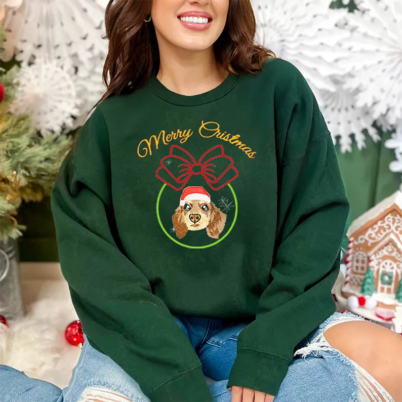 PetFiestas® Embroidery Sparkle Christmas Ball Custom Pet Face Embroidered Sweatshirt Hoodie T-shirt- Colorful Design
