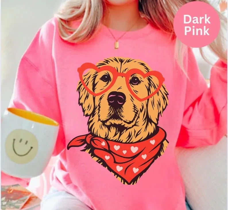 Valentine's Day Custom Pet Portrait Sweatshirt with Heart Glasses & Dog Bandana