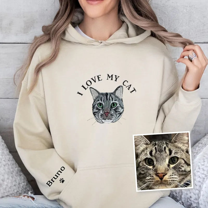 I Love My Cat Custom Pet Portrait Embroidered Crewneck T-shirt Hoodie- Varsity Colorful Design