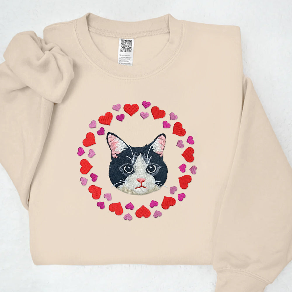 PetFiestas® Custom Pet Portrait Embroidered With Pink Hearts Design Valentines Sweatshirt Hoodie T-shirt- Colorful Desig