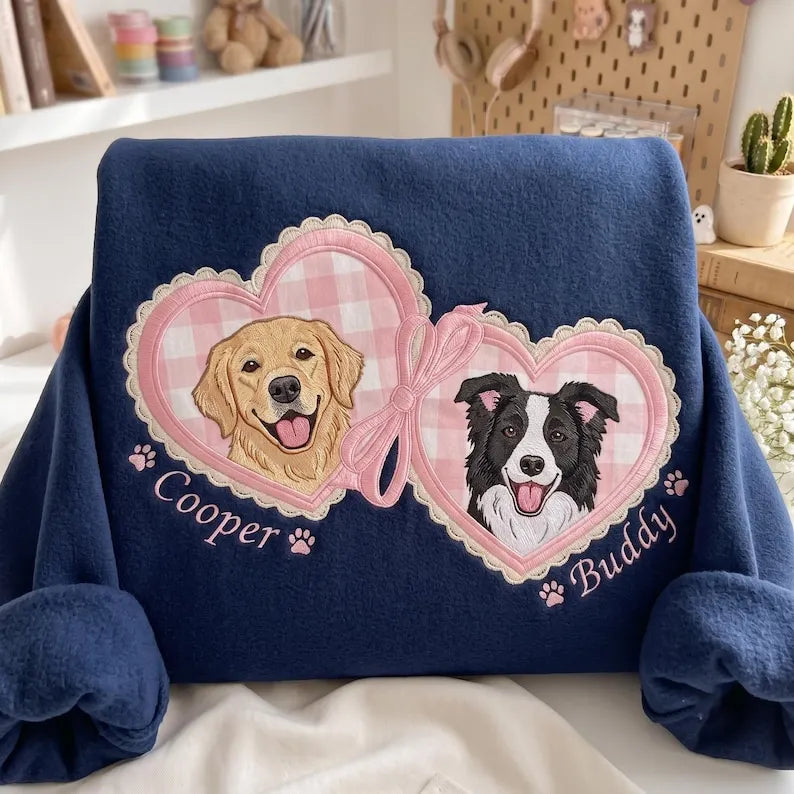 Custom 2-Pet Portrait Embroidered Sweatshirt — Gingham Heart Locket with Coquette Bow