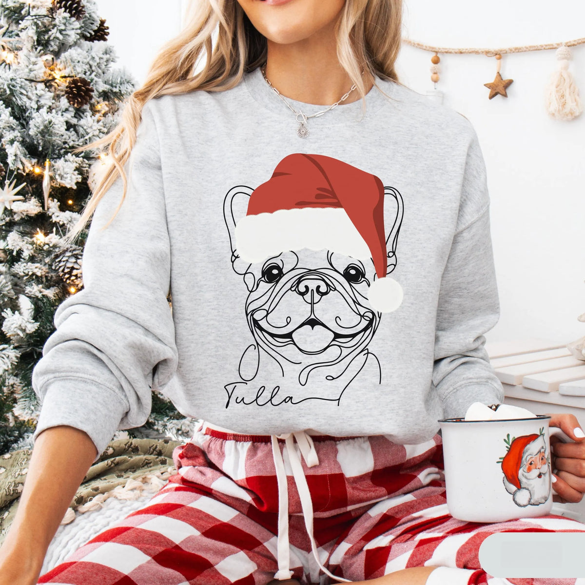 Personalized Dog Minimal Line Art Sweatshirt Hoodie T-shirt with Santa Hat