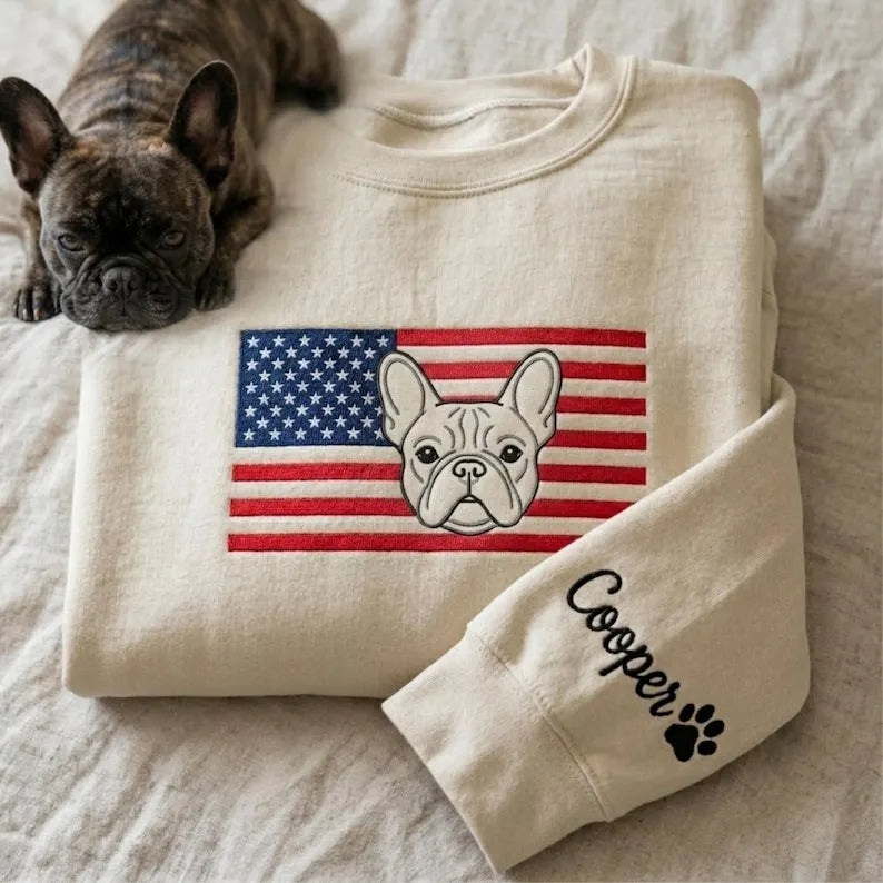 Custom Pet Line Art Embroidered Sweatshirt with American Flag, Patriotic Pet Sweathirt