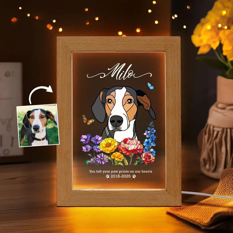 Custom Pet Memorial Night Light with Photo, Name & Floral Design
