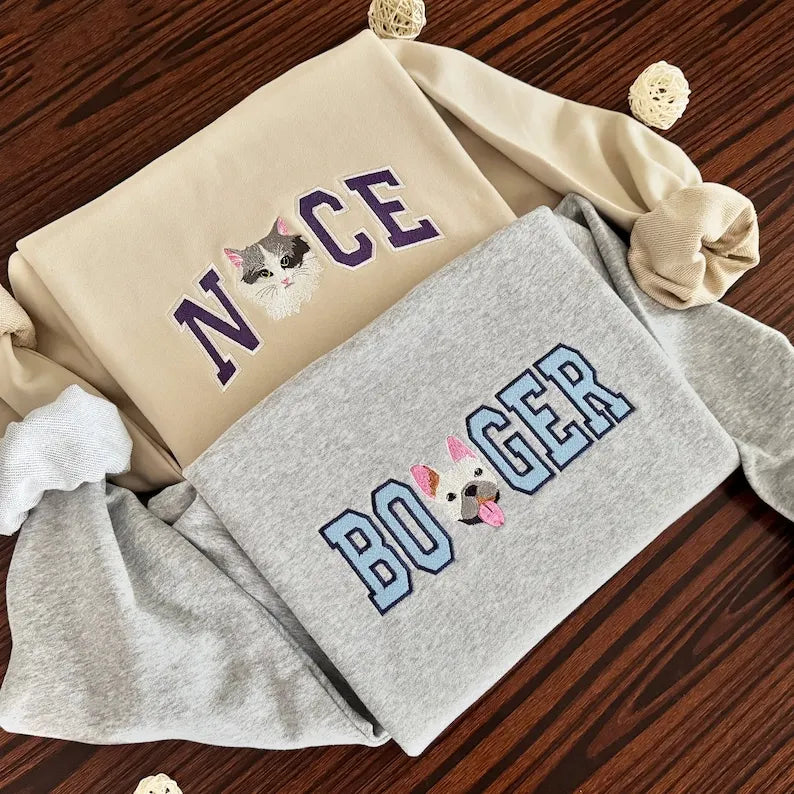 Custom Pet Portrait Pet Name Embroidered Unisex Crew Neck, Hoodie, Unisex T-shirt, Pet Lover Gift- Colorful Design