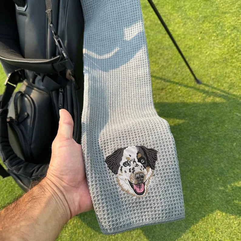 Custom Embroidered Pet Portrait Golf Towel – Personalized Dog or Cat Design for Golf Accessories