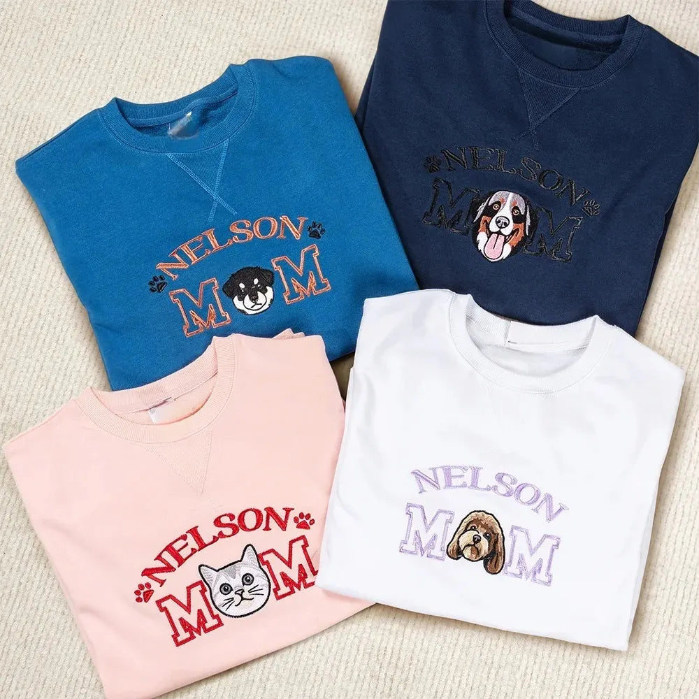 Custom Embroidered Pet Portrait Hoodie/Tee - Personalized with Name & Photo- Colorful Design