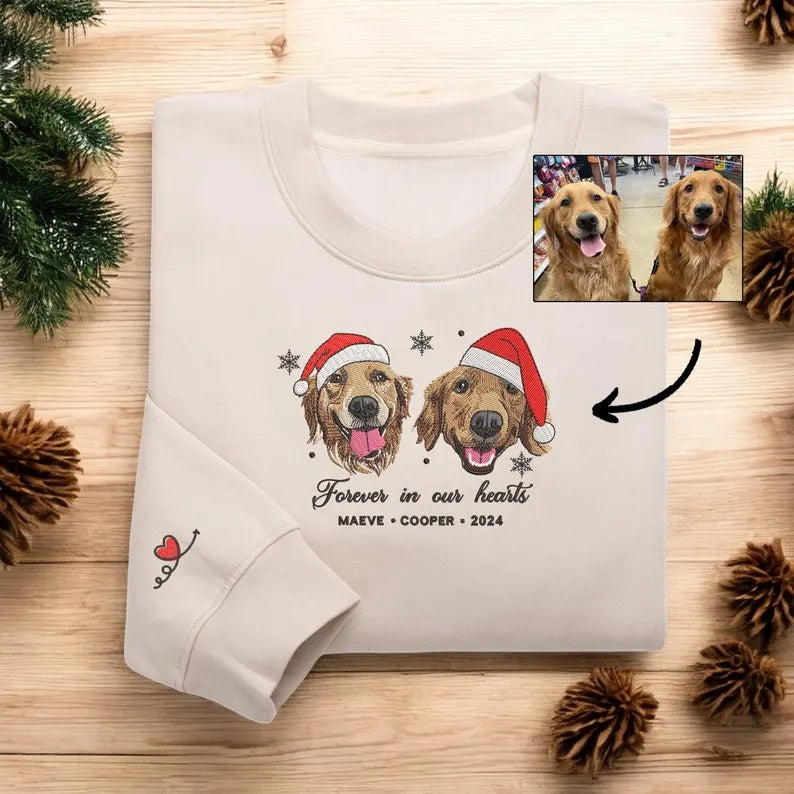 Custom Pet Embroidered Sweatshirt – Personalized Dog Portrait for Christmas or Memorial