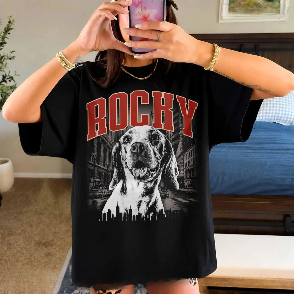 Custom Vintage Urban Pet Portrait T-shirt, Pet Photo Tee with Name