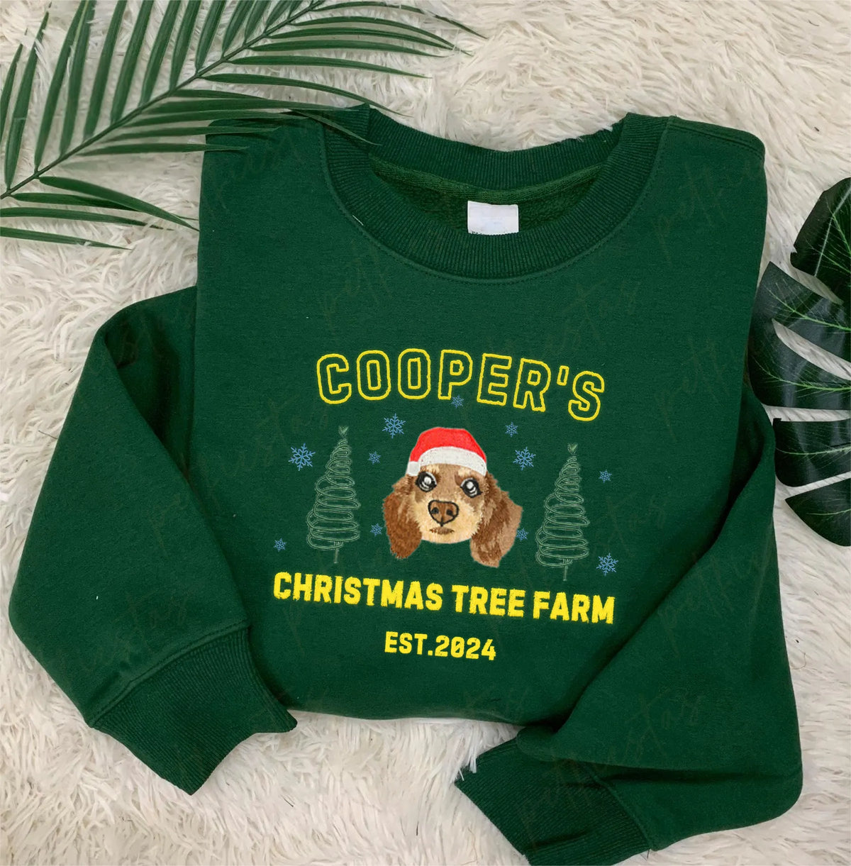 PetFiestas® Custom Christmas Tree Farm Embroidered Personalized Pet Portrait Christmas Sweatshirt Hoodie T-shirt- Varsit