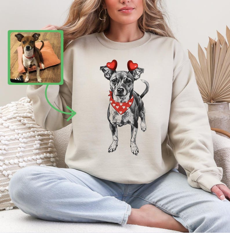 Custom Pet Valentine’s Day Sweatshirt – Personalized Dog with Heart Bandana & Headband