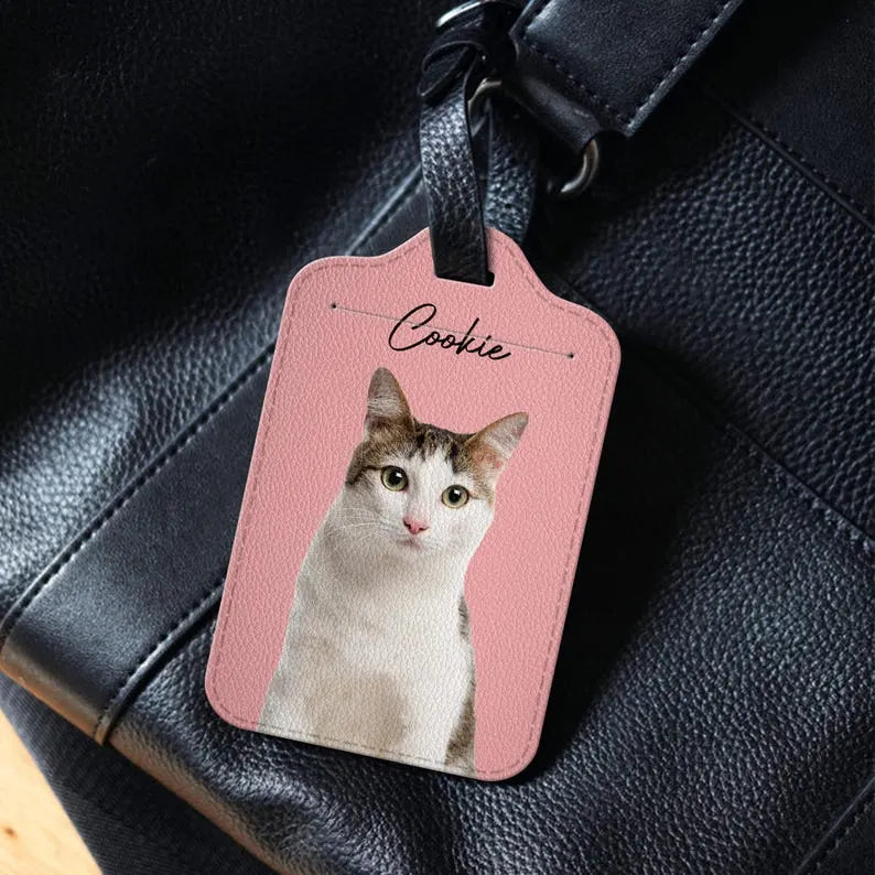 Custom Leather Pet Luggage Tag, Personalized Pet Photo Tag For Travel
