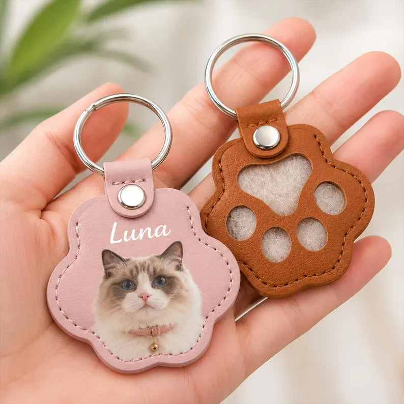 Personalized Pet Fur Keepsake Keychain, Custom Dog Cat Hair Holder, Paw Print Photo Charm, Pet Loss Gift