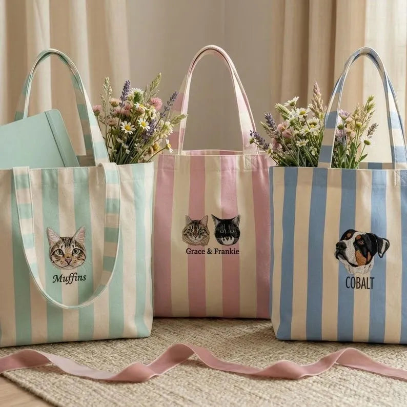 Custom Embroidered Pet Portrait Striped Tote Bag, Personalized Dog Tote Bag, Dog Lover Gift
