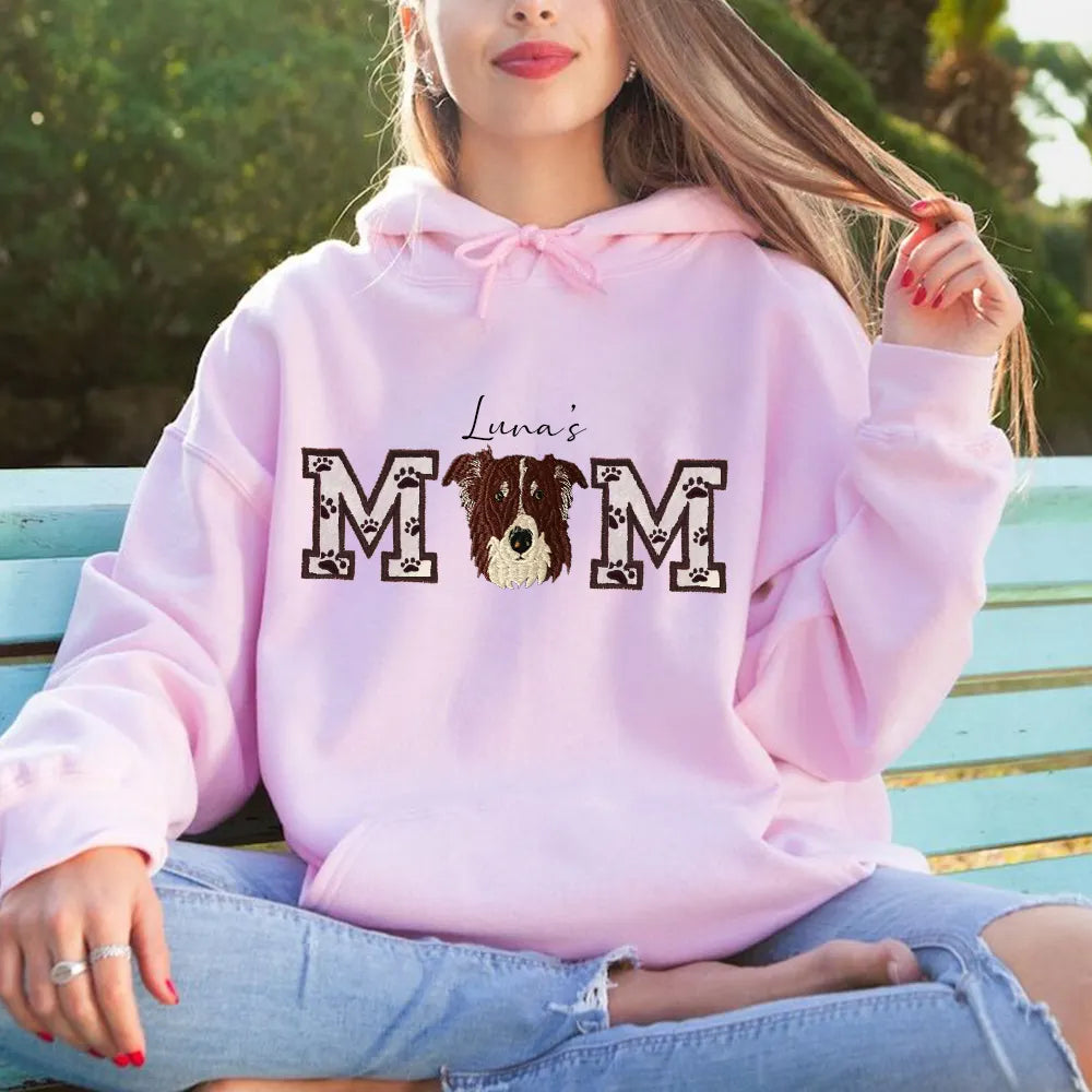 Custom Pet Portrait Embroidered Sweatshirt Dog Mom/Dog Dad Hoodie with Pet Name- Varsity Colorful Design
