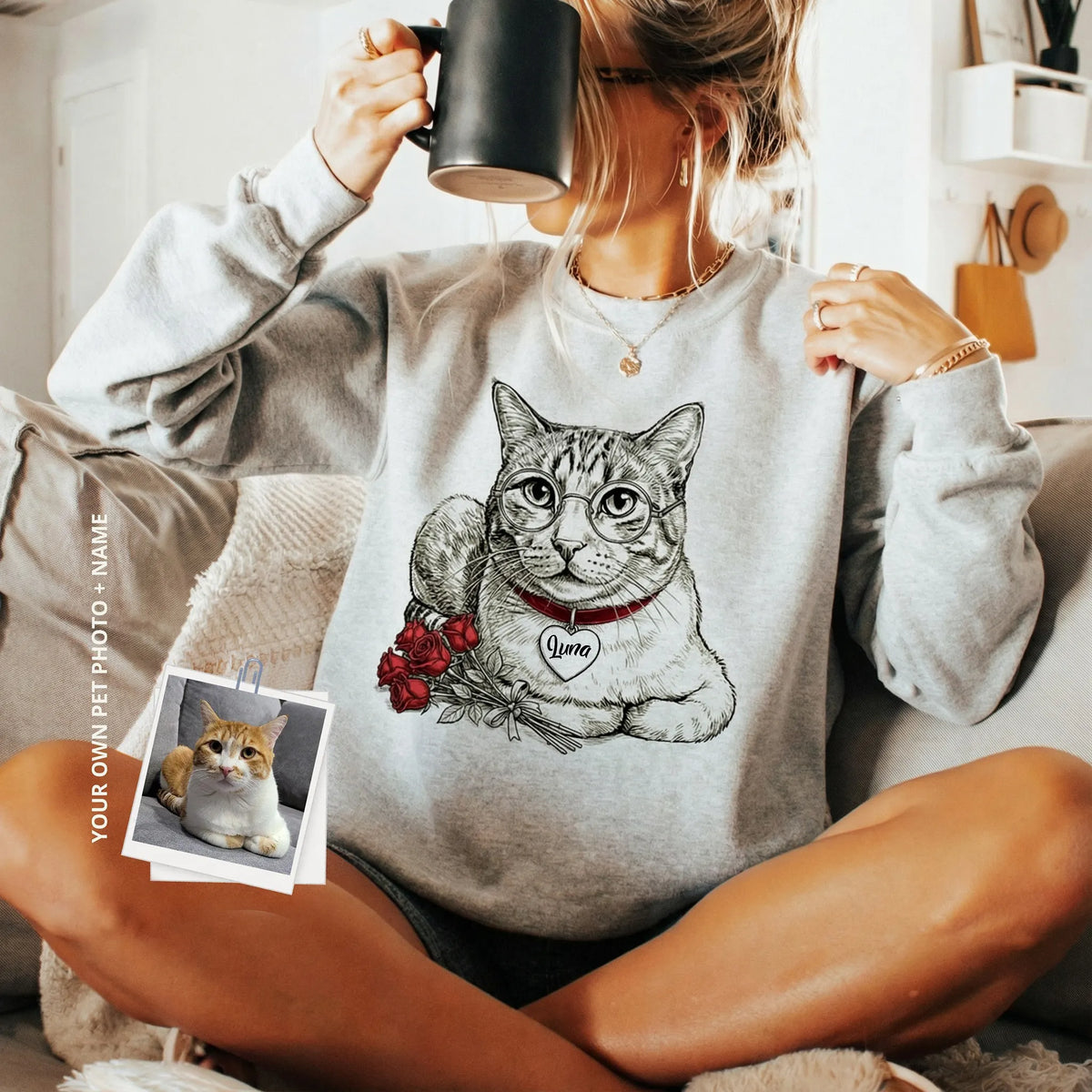 Valentine Custom Pet Portrait Sweatshirt with Rose Bouquet Design