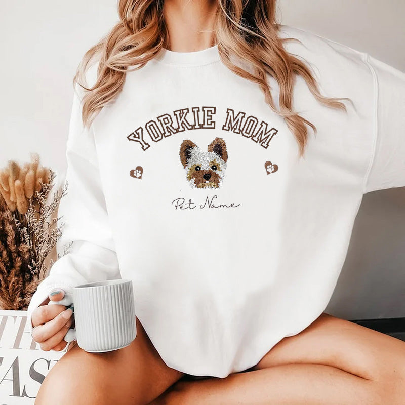 PetFiestas® Dog Mom Custom Dog Portrait Embroidered Hoodie or Sweatshirt T-shirt- Varsity Colorful Design