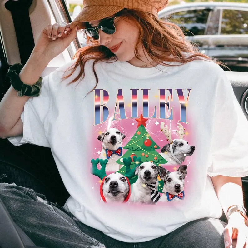 PetFiestas® Christmas Tree Bootleg Dog Photo Sweatshirt T Shirt Hoodie, Custom Vintage Christmas Shirt