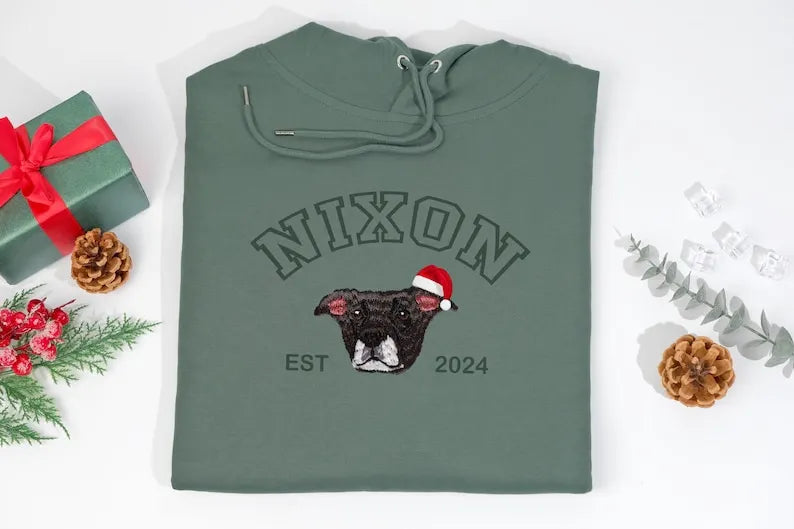 Custom Premium Handcrafted Pet Photo Embroidery with Pet Name Christmas Tee Sweatshirt Hoodie- Colorful Design