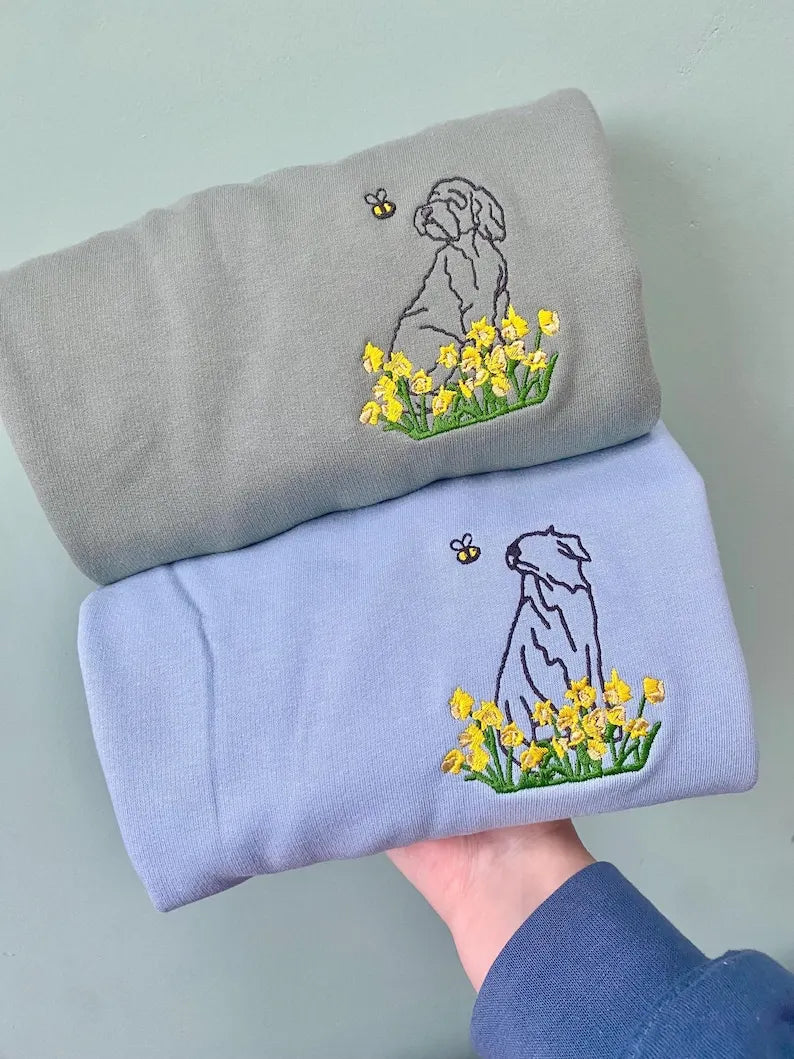 Wildflower Embroidered Shirt Custom Dog Outline Embroidered Sweatshirt Hoodie T-shirt- Stylish Outline Style
