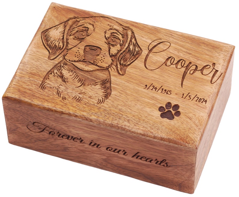 Custom Pet Portrait Engraved Wooden Urn Box for Ashes, Pet Memorial Custom Photo Engraved Urn