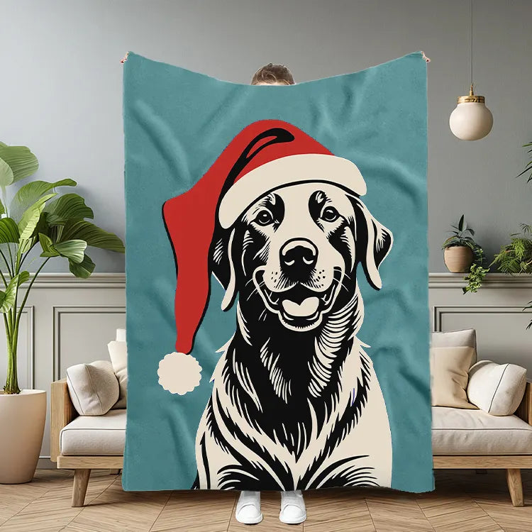 PetFiestas® Custom Pet Portrait Blanket – Vintage Black Art Style with Santa Hat