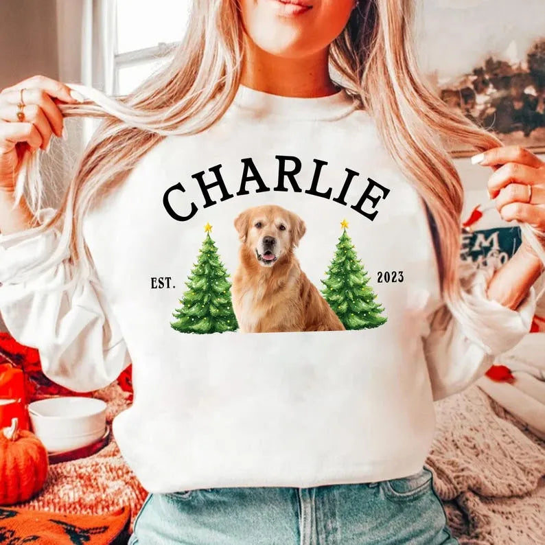 Personalized Pet Christmas Shirt – Custom Pet Photo & Name Holiday Sweater with Christmas Tree