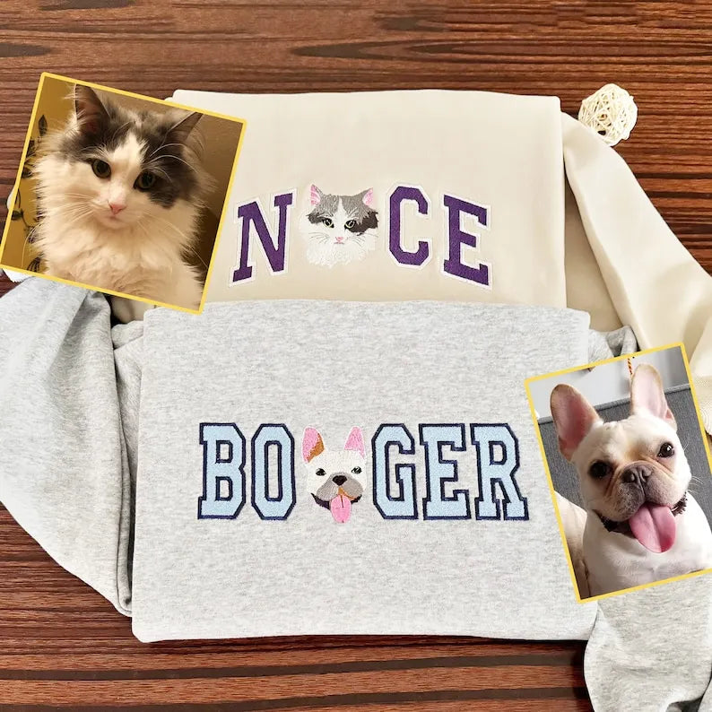 Custom Pet Portrait Pet Name Embroidered Unisex Crew Neck, Hoodie, Unisex T-shirt, Pet Lover Gift- Colorful Design