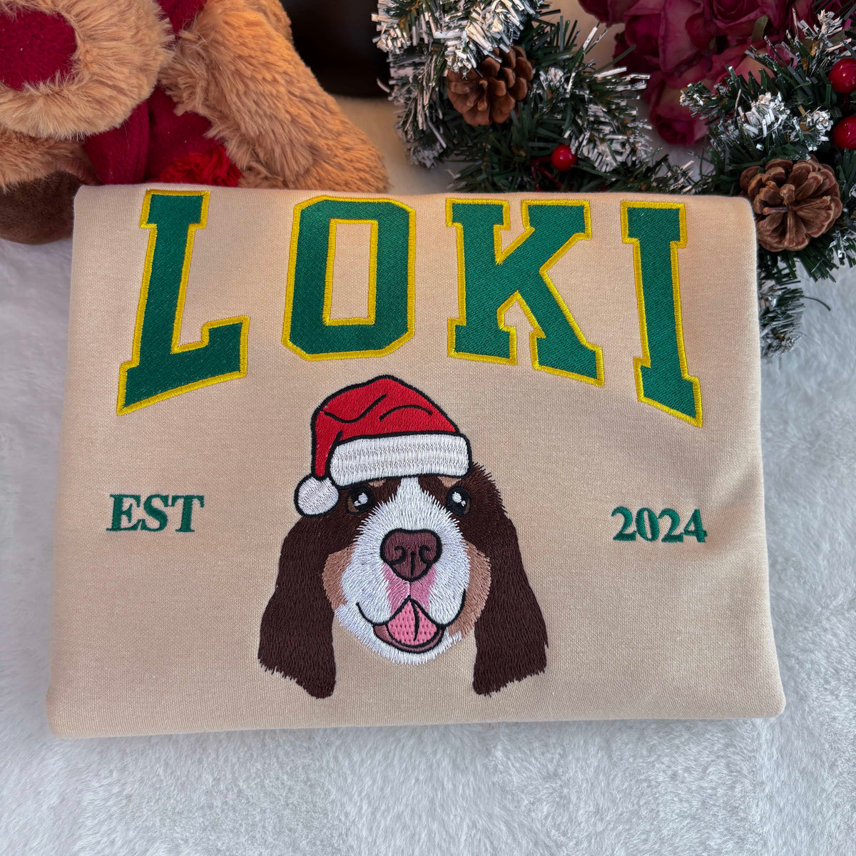 PetFiestas® Custom Dog Embroidered Sweatshirt, Hoodie & T-Shirt, Personalized Pet Christmas Sweatshirt- Varsity Colorful