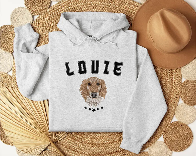 Personalized Dog Portrait Embroidered Hoodie Sweatshirt, Pet Face Shirt- Varsity Colorful Design