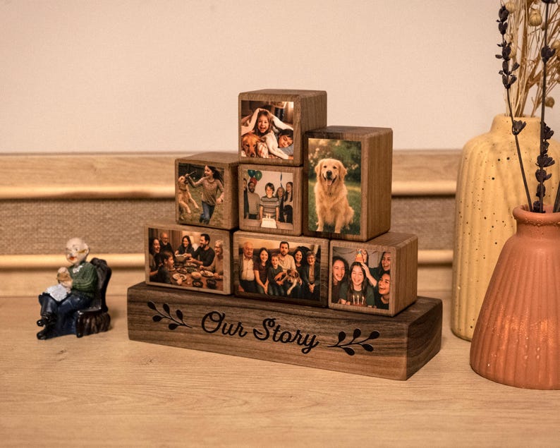 Custom Wooden Photo Blocks Collage – Stackable Wood Photo Block Set, Family Gift