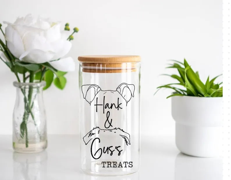 Personalized Pet Treats Container with Wooden Lid  – Custom Glass Jar with Pet Ears & Name