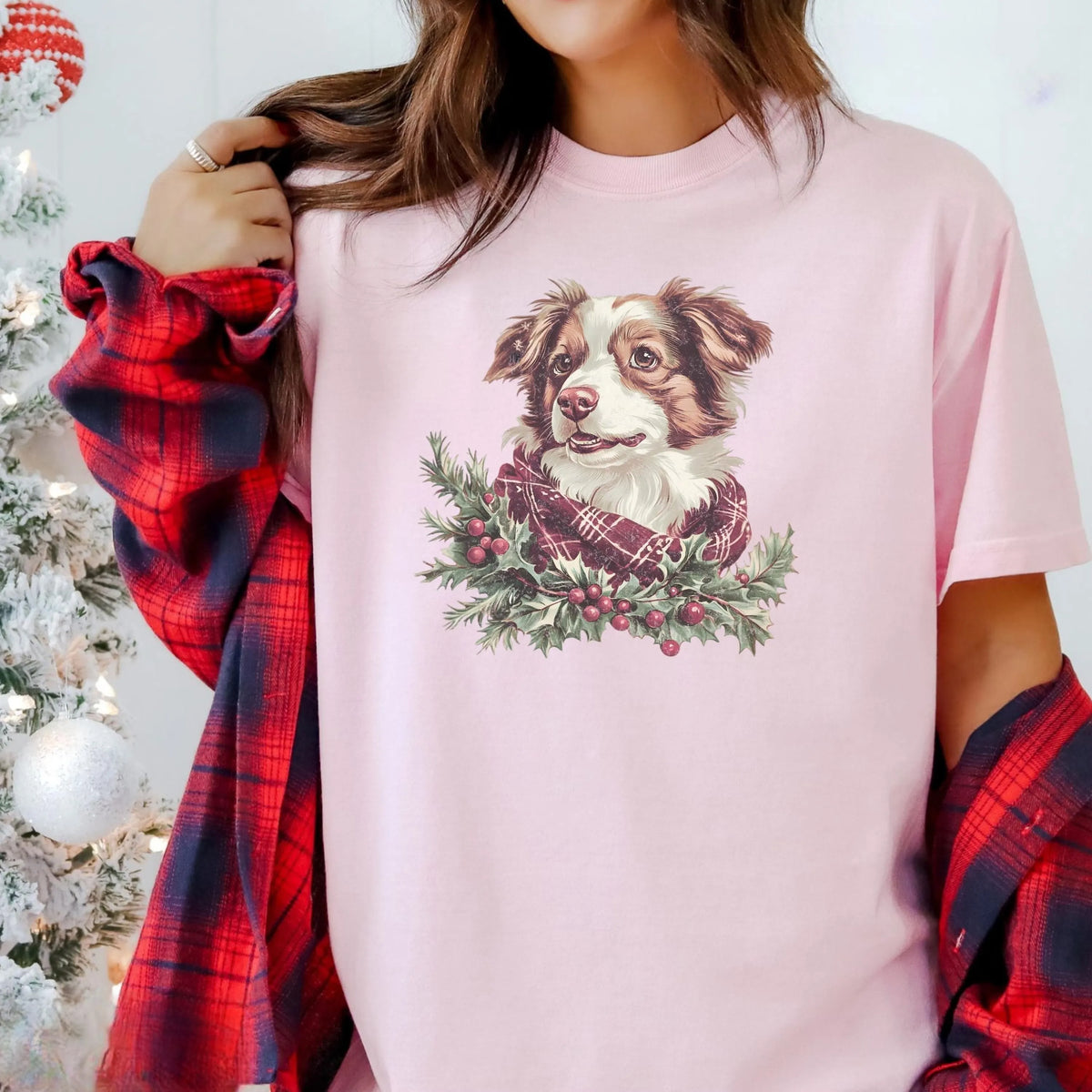 Vintage Custom Christmas Dog Graphic Crewneck T-Shirt with Berry Mistletoe Scarf