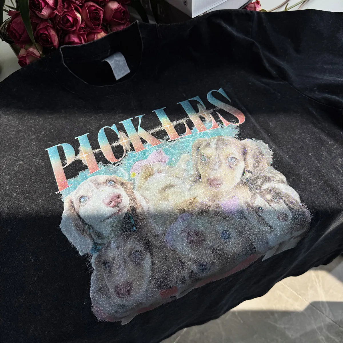 PetFiestas® Custom Photo Glitter Printed Vintage 90s Graphic Tee Sweatshirt Hoodie
