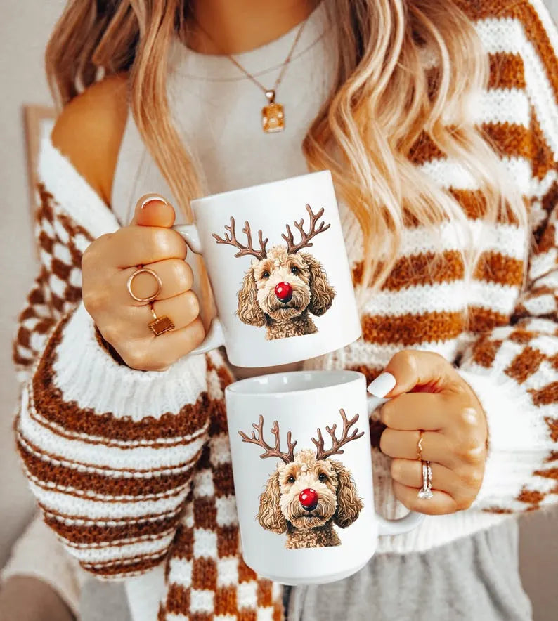 Custom Dog Photo Christmas Mug, Personalized Funny Dog Reindeer Coffee Mug