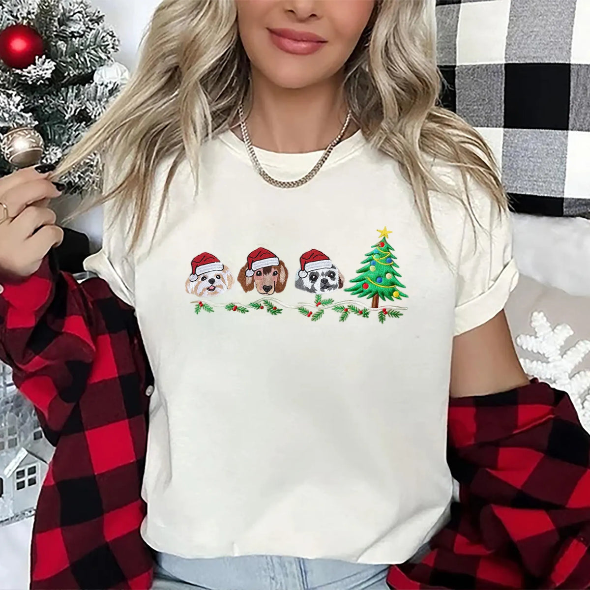 PetFiestas® Custom Dog Cat Face Embroidered Sweatshirt with Christmas Tree Embroidery, Holiday Crewneck- Colorful Design