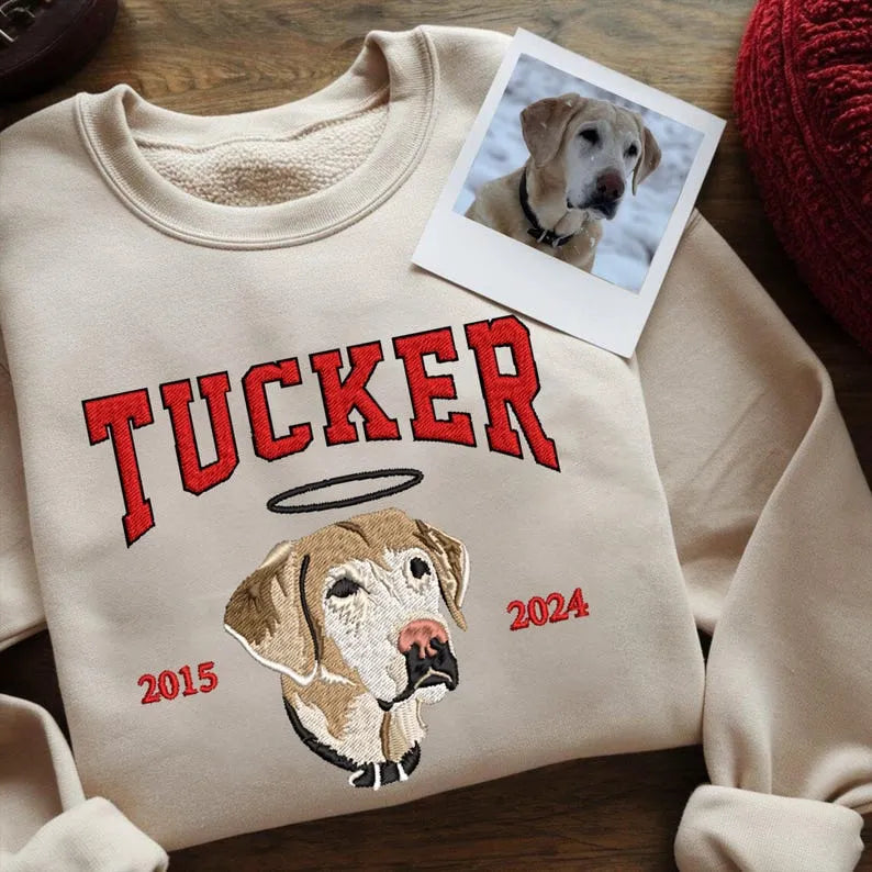 Custom Premium Handcrafted Memorial Pet Photo Embroidery with Est Year T-shirt Sweatshirt Hoodie- Colorful Design