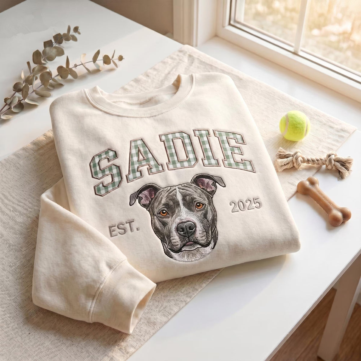 Custom Pet Portrait Embroidered Sweatshirt with Gingham Appliqué Name, Varsity Style