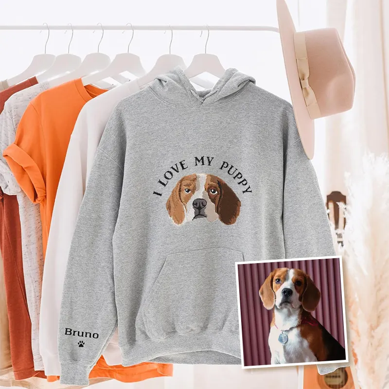 I Love My Dog Custom Pet Portrait Embroidered Crewneck T-shirt Hoodie- Varsity Colorful Design
