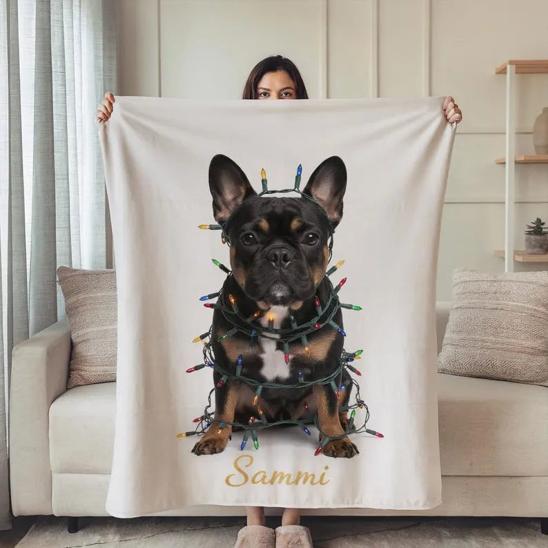 Custom Dog Blanket, Dog Wrapped in Christmas Lights Blanket