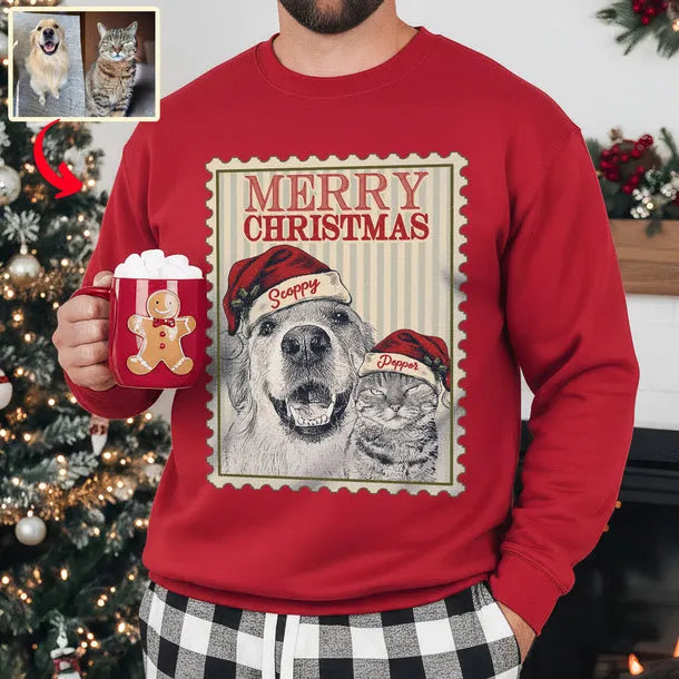 Custom Dog Portrait Stamp Style Chirstmas T-Shirt Sweatshirt Hoodie