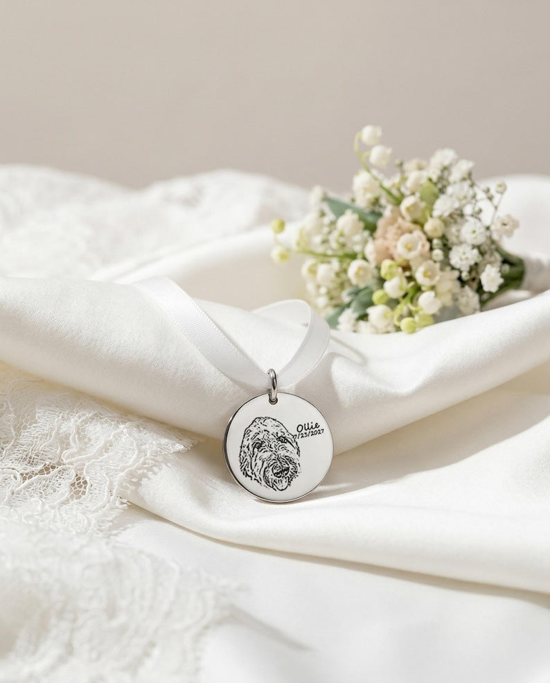 Wedding Bouquet Engraved Bridal Charm With Custom Pet Portrait